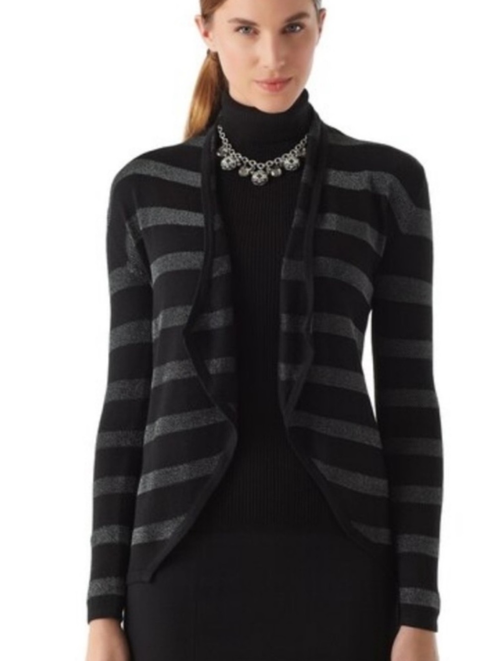 WHBM Black Silver Stripe Cardigan Sweater XS EUC $78